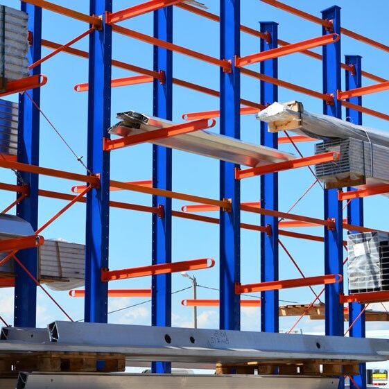 red and blue Cantilever Racking storing long timber