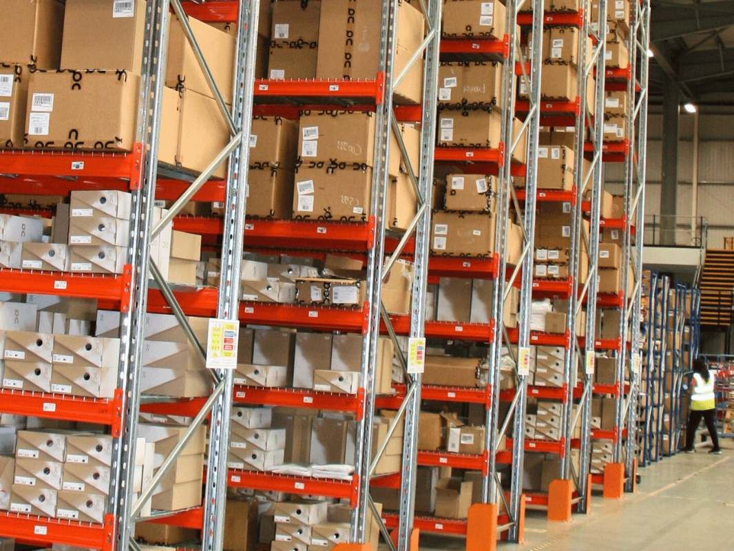 second-hand pallet racking, stocked with inventory