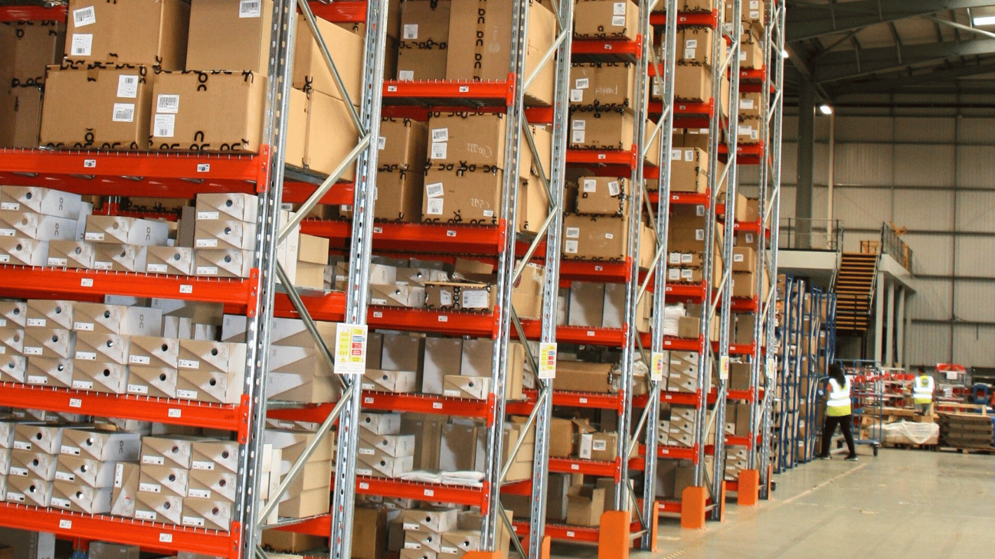 second-hand pallet racking, stocked with inventory